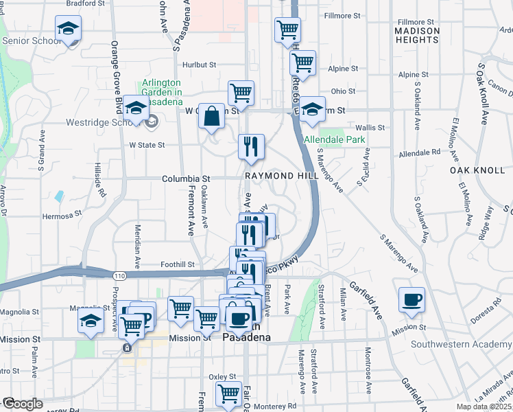 map of restaurants, bars, coffee shops, grocery stores, and more near 1660 Amberwood Drive in South Pasadena