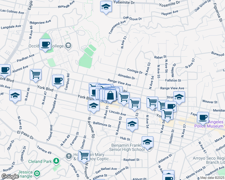 map of restaurants, bars, coffee shops, grocery stores, and more near 5101 Meridian Street in Los Angeles