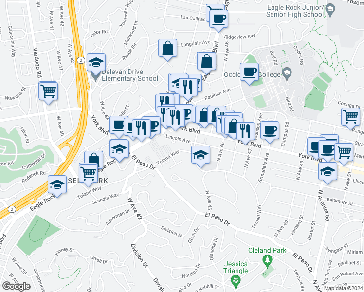 map of restaurants, bars, coffee shops, grocery stores, and more near 4420 Toland Way in Los Angeles