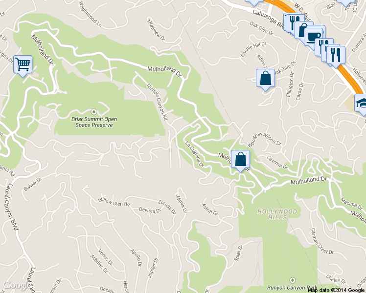 map of restaurants, bars, coffee shops, grocery stores, and more near 2848 Nichols Canyon Place in West Hollywood