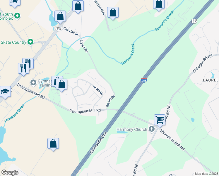 map of restaurants, bars, coffee shops, grocery stores, and more near 4540 Bryant Road in Buford