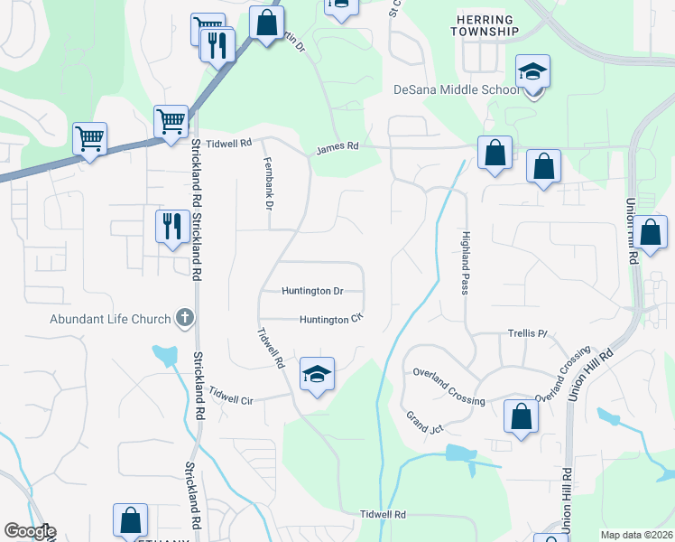 map of restaurants, bars, coffee shops, grocery stores, and more near 170 Huntington Circle in Alpharetta