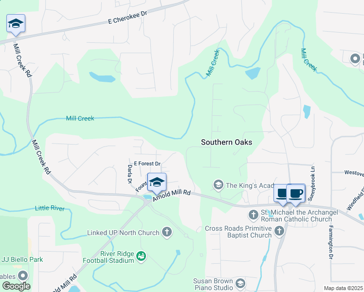 map of restaurants, bars, coffee shops, grocery stores, and more near 27 East Forest Drive in Woodstock