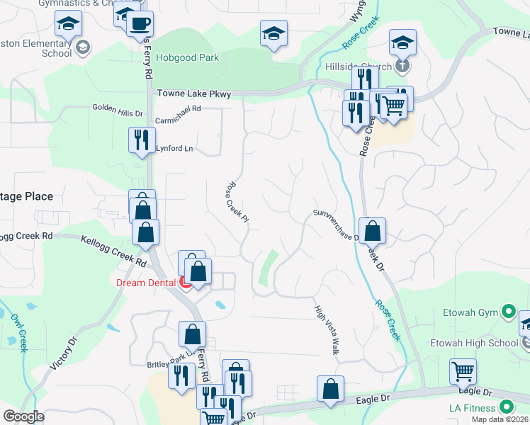 map of restaurants, bars, coffee shops, grocery stores, and more near 809 Chase Point in Woodstock