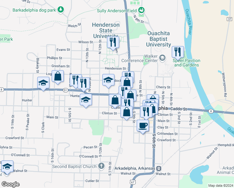 map of restaurants, bars, coffee shops, grocery stores, and more near 1035 Pine Street in Arkadelphia
