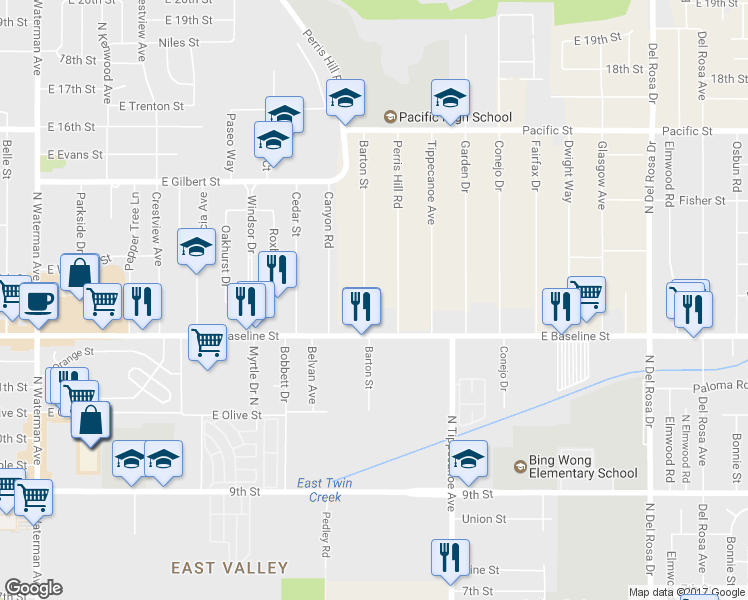 map of restaurants, bars, coffee shops, grocery stores, and more near 7225 Barton Street in San Bernardino
