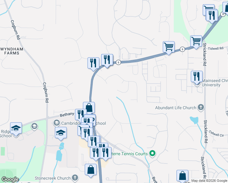 map of restaurants, bars, coffee shops, grocery stores, and more near 3375 Cedar Farms Court in Alpharetta
