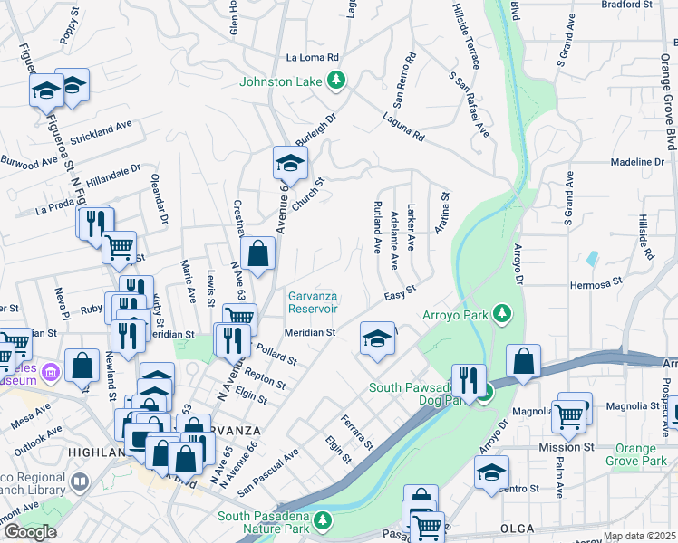map of restaurants, bars, coffee shops, grocery stores, and more near 935 North Staley Lane in Los Angeles