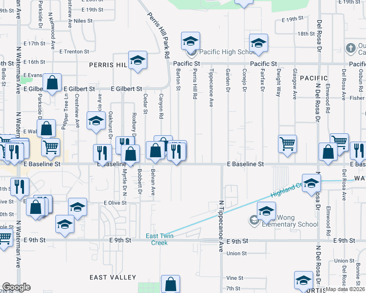 map of restaurants, bars, coffee shops, grocery stores, and more near 7225 Barton Street in San Bernardino
