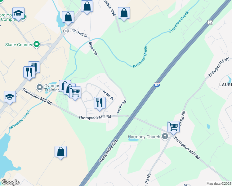 map of restaurants, bars, coffee shops, grocery stores, and more near 2947 Pebblebrook Drive in Buford