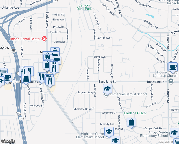 map of restaurants, bars, coffee shops, grocery stores, and more near 7223 Yarnell Road in Highland