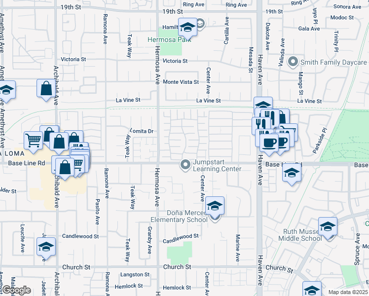 map of restaurants, bars, coffee shops, grocery stores, and more near 10210 Base Line Road in Rancho Cucamonga
