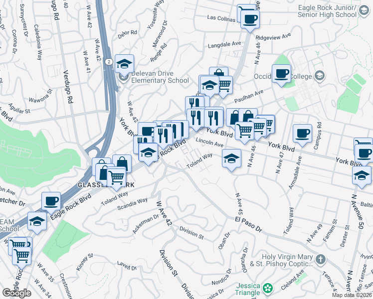 map of restaurants, bars, coffee shops, grocery stores, and more near 4319 Toland Way in Los Angeles
