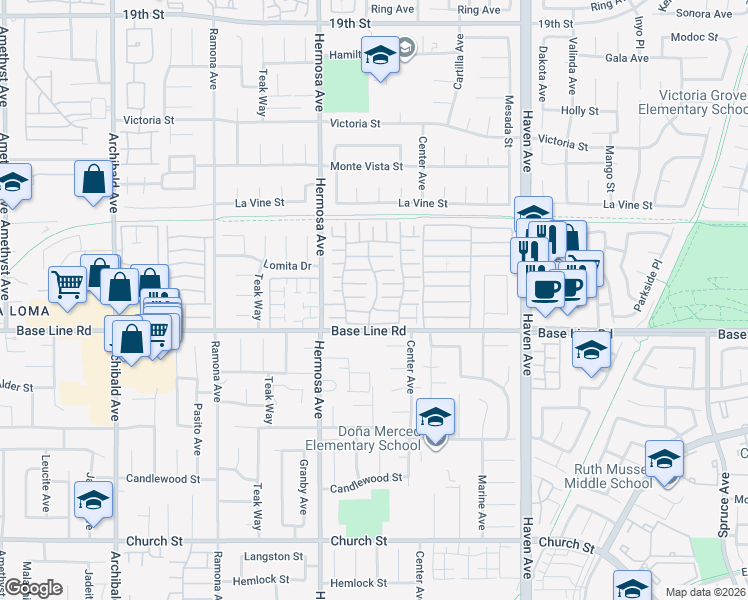 map of restaurants, bars, coffee shops, grocery stores, and more near 10210 Base Line Road in Rancho Cucamonga