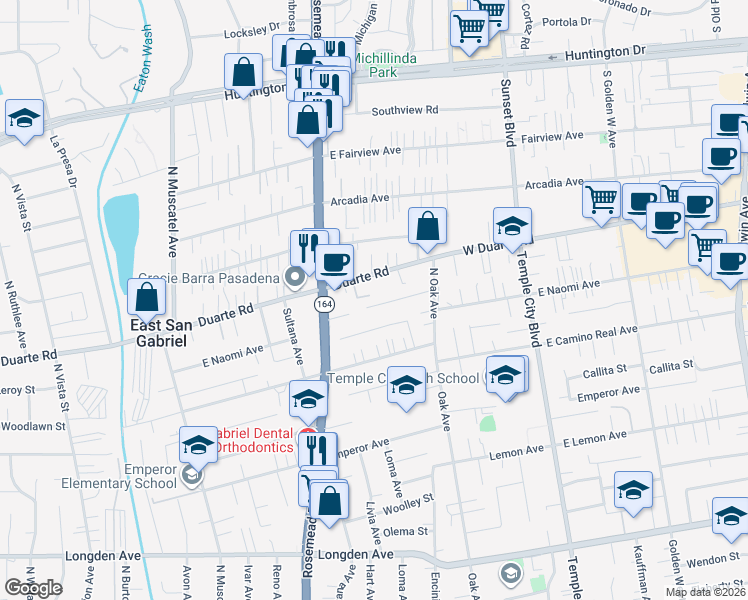 map of restaurants, bars, coffee shops, grocery stores, and more near 9117 Leroy Street in San Gabriel
