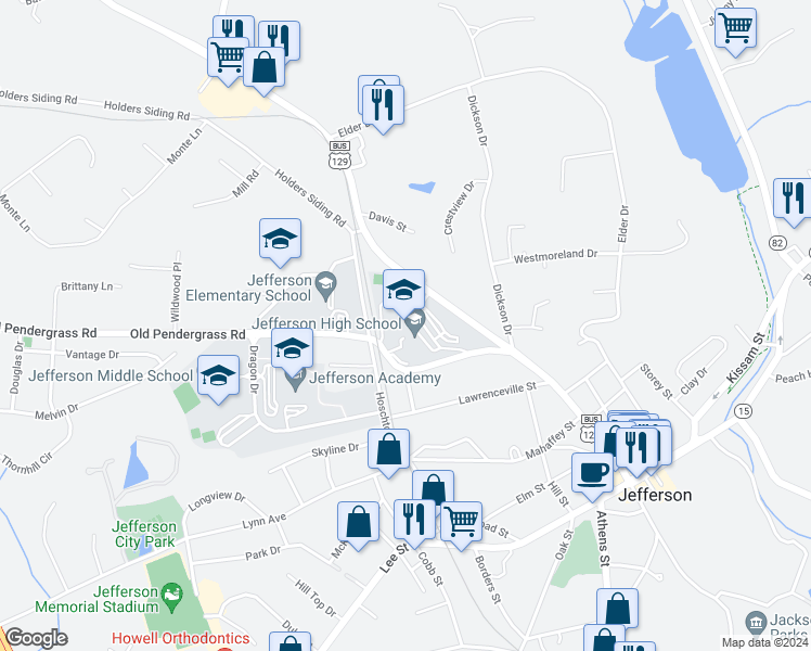 map of restaurants, bars, coffee shops, grocery stores, and more near 575 Washington Street in Jefferson