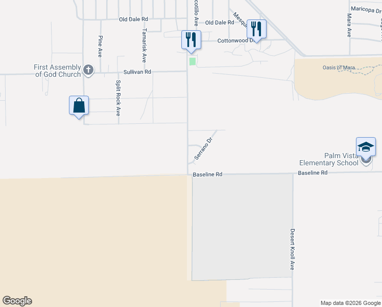 map of restaurants, bars, coffee shops, grocery stores, and more near 73737 Serrano Drive in Twentynine Palms