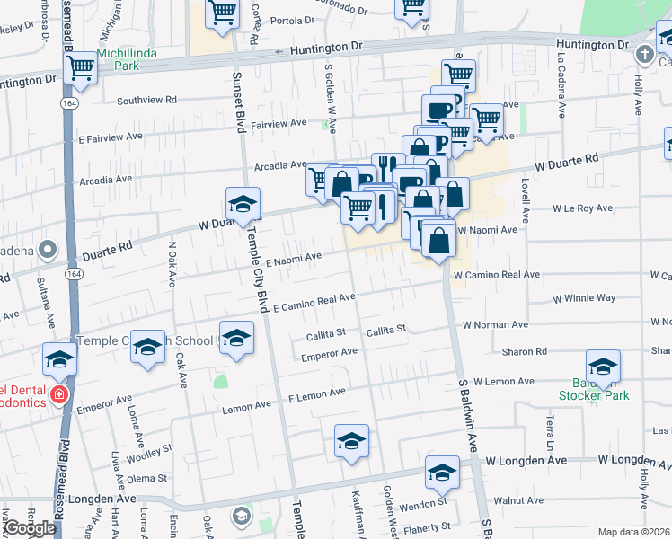 map of restaurants, bars, coffee shops, grocery stores, and more near 9734 Ardendale Avenue in Arcadia