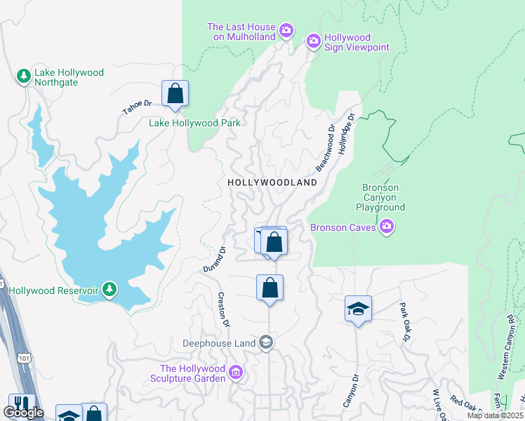 map of restaurants, bars, coffee shops, grocery stores, and more near Belden Drive in Los Angeles