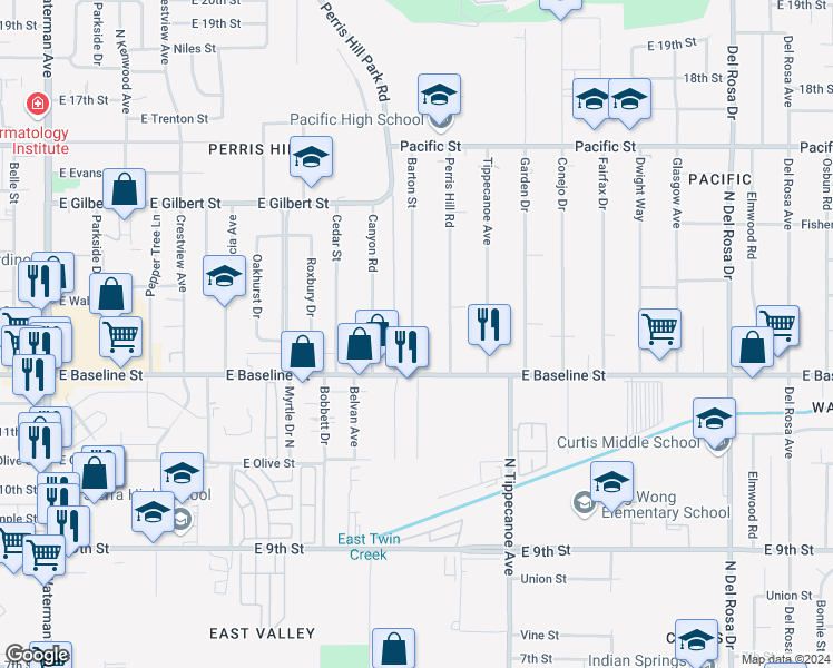 map of restaurants, bars, coffee shops, grocery stores, and more near 7225 Barton Street in San Bernardino