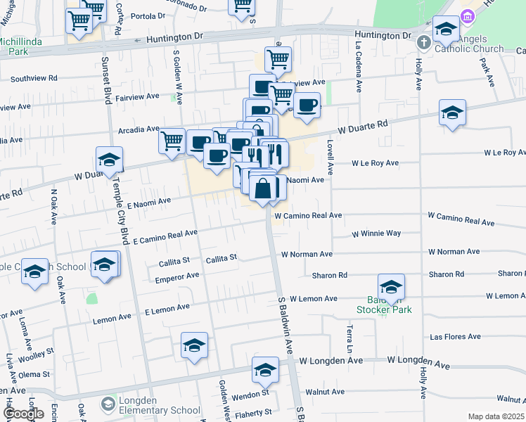map of restaurants, bars, coffee shops, grocery stores, and more near 712 West Camino Real Avenue in Arcadia