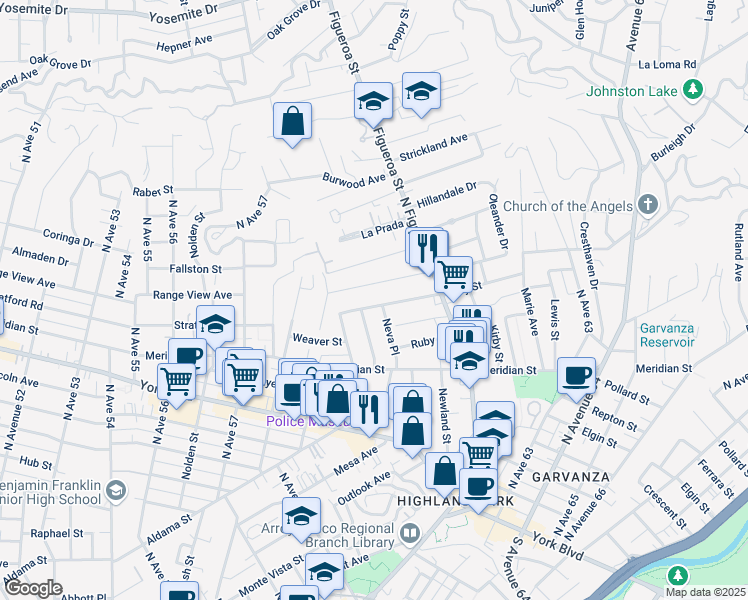map of restaurants, bars, coffee shops, grocery stores, and more near 564 Meridian Terrace in Los Angeles