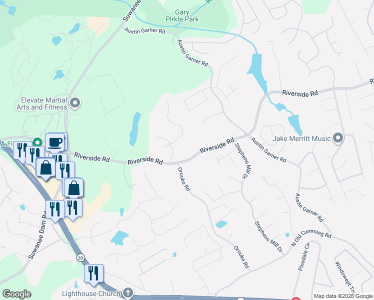 map of restaurants, bars, coffee shops, grocery stores, and more near 5905 River Rush Court in Sugar Hill