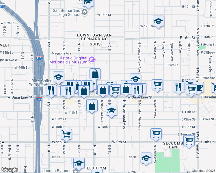 map of restaurants, bars, coffee shops, grocery stores, and more near 1262 North D Street in San Bernardino