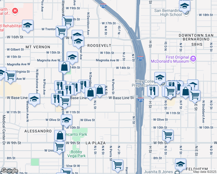map of restaurants, bars, coffee shops, grocery stores, and more near 1271 North K Street in San Bernardino