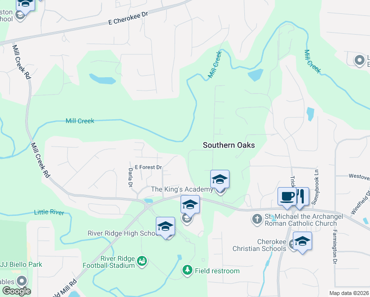 map of restaurants, bars, coffee shops, grocery stores, and more near 27 East Forest Drive in Woodstock