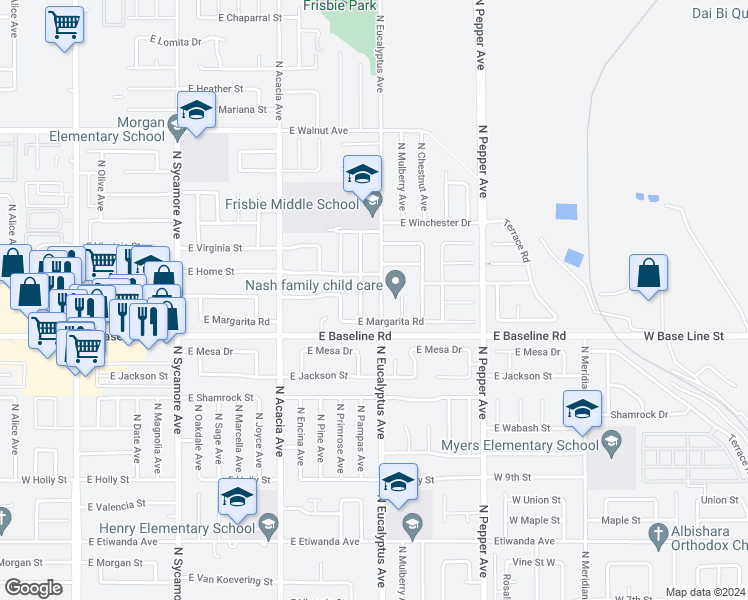 map of restaurants, bars, coffee shops, grocery stores, and more near 1264 North Eucalyptus Avenue in Rialto