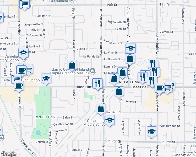 map of restaurants, bars, coffee shops, grocery stores, and more near 7236 Hellman Avenue in Rancho Cucamonga