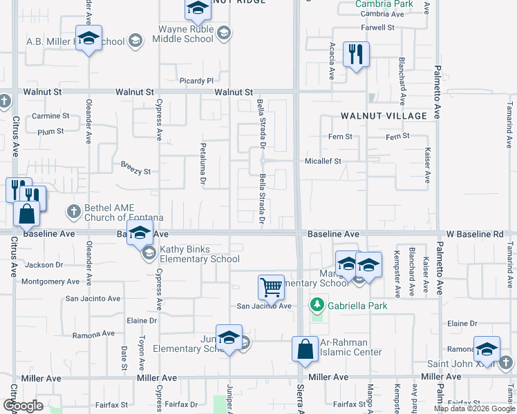 map of restaurants, bars, coffee shops, grocery stores, and more near 16782 Yellow Fern Lane in Fontana
