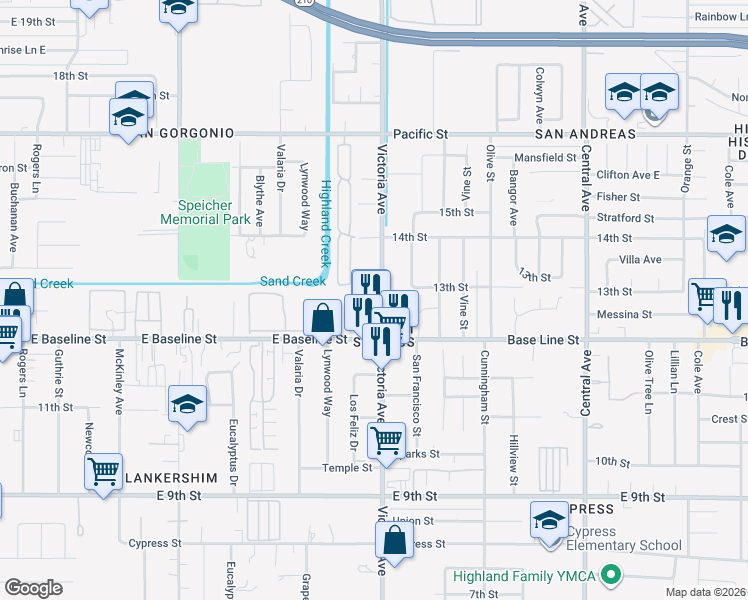 map of restaurants, bars, coffee shops, grocery stores, and more near 7223 Knob Hill Rd in Highland