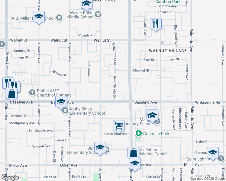 map of restaurants, bars, coffee shops, grocery stores, and more near 16782 Yellow Fern Lane in Fontana