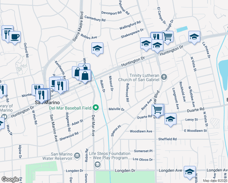 map of restaurants, bars, coffee shops, grocery stores, and more near 1510 Mirasol Drive in San Marino