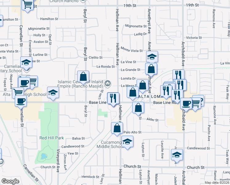 map of restaurants, bars, coffee shops, grocery stores, and more near 7236 Hellman Avenue in Rancho Cucamonga