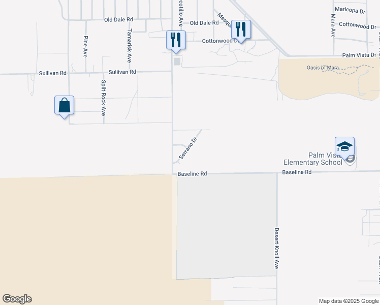 map of restaurants, bars, coffee shops, grocery stores, and more near 73761 Serrano Drive in Twentynine Palms
