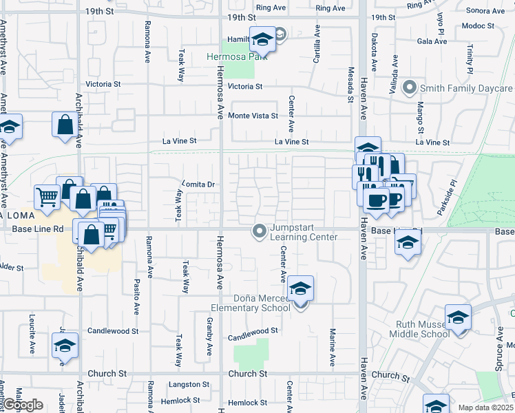 map of restaurants, bars, coffee shops, grocery stores, and more near 10210 Base Line Road in Rancho Cucamonga