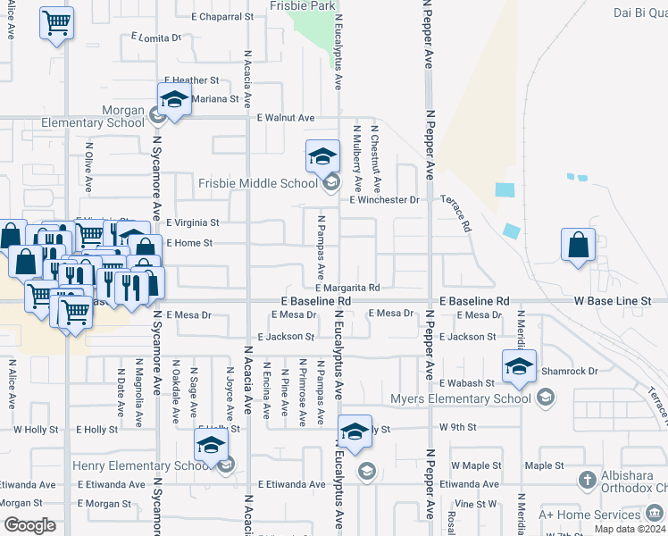 map of restaurants, bars, coffee shops, grocery stores, and more near 1264 North Eucalyptus Avenue in Rialto