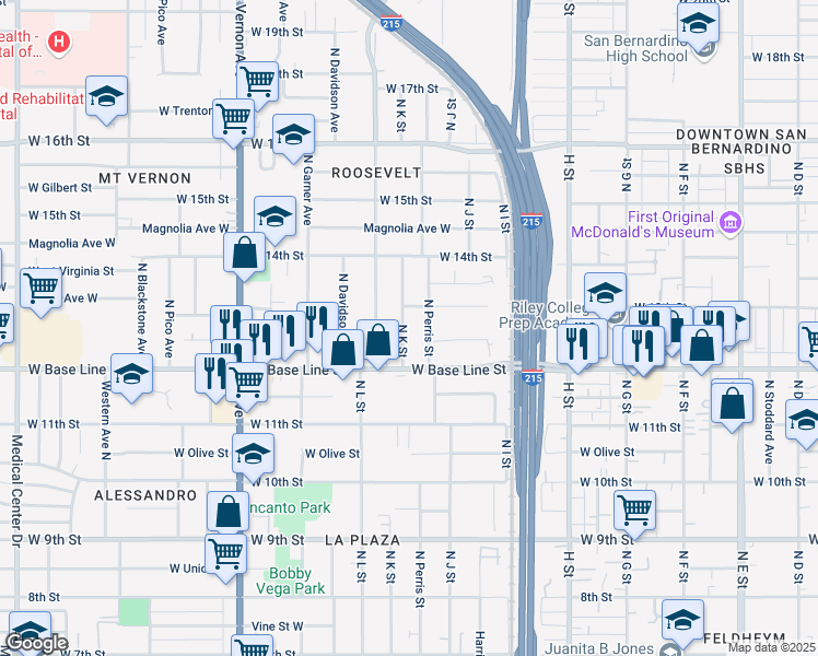map of restaurants, bars, coffee shops, grocery stores, and more near 1271 North K Street in San Bernardino