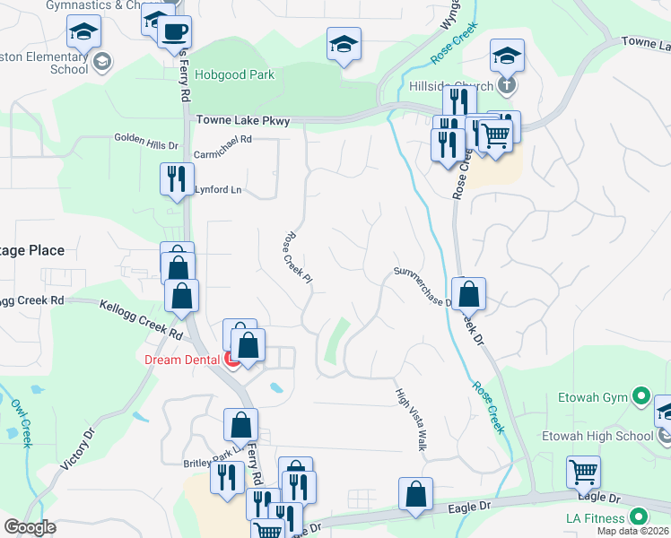 map of restaurants, bars, coffee shops, grocery stores, and more near 809 Chase Point in Woodstock