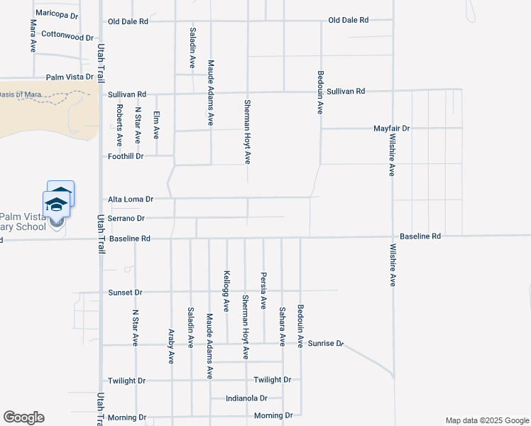 map of restaurants, bars, coffee shops, grocery stores, and more near 74956 Serrano Drive in Twentynine Palms