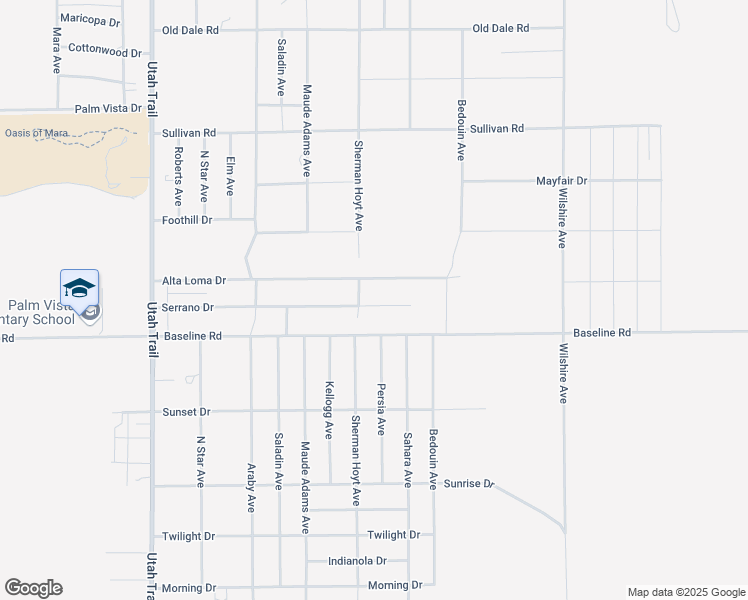 map of restaurants, bars, coffee shops, grocery stores, and more near 74934 Serrano Drive in Twentynine Palms