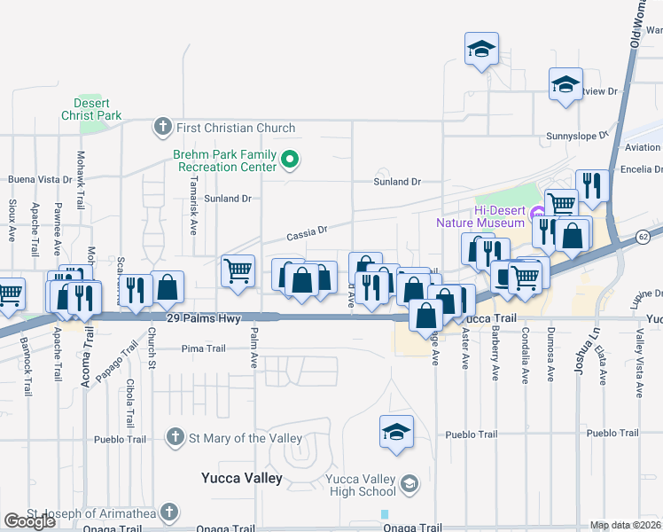 map of restaurants, bars, coffee shops, grocery stores, and more near 56650 Antelope Trail in Yucca Valley