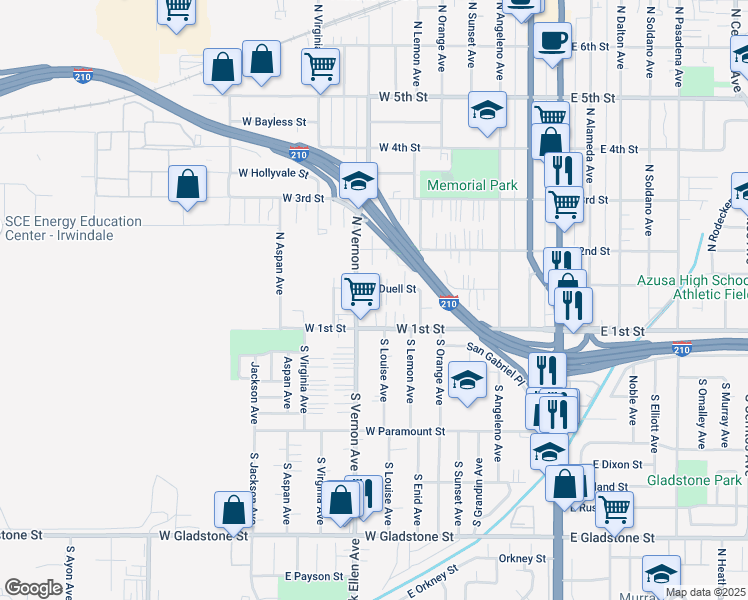 map of restaurants, bars, coffee shops, grocery stores, and more near 703 West 1st Street in Azusa