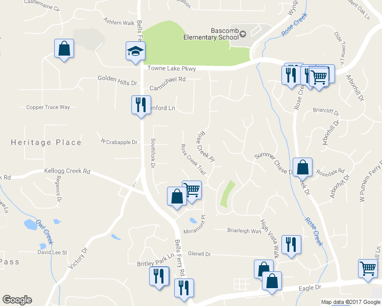 map of restaurants, bars, coffee shops, grocery stores, and more near 916 Rose Creek Trail in Woodstock