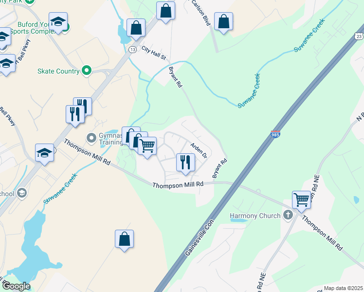 map of restaurants, bars, coffee shops, grocery stores, and more near 4648 Candlewyck Way in Buford