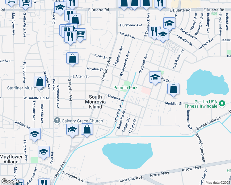 map of restaurants, bars, coffee shops, grocery stores, and more near 450 Shrode Avenue in Duarte