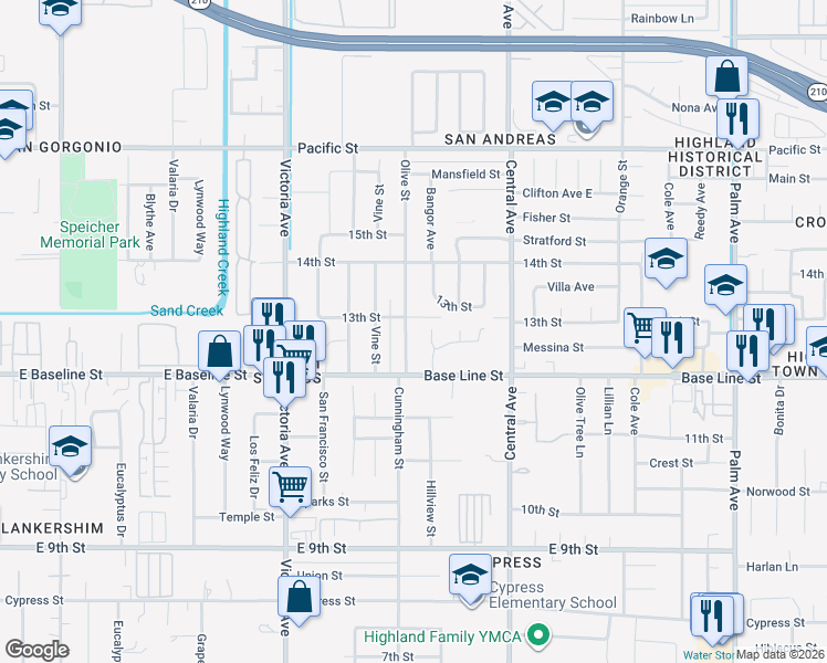 map of restaurants, bars, coffee shops, grocery stores, and more near 26732 Hillview Street in Highland
